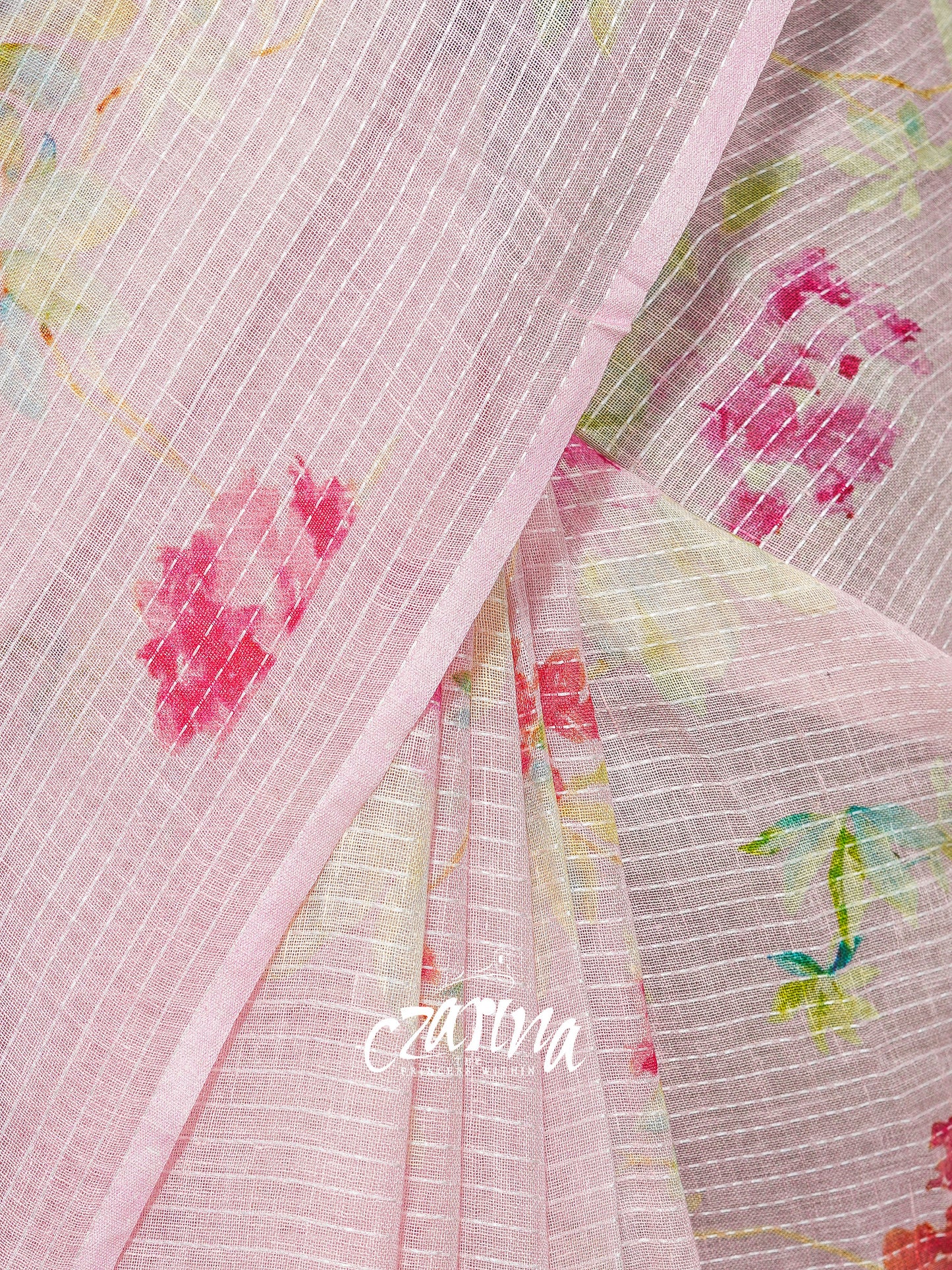 PINK WITH FLORAL PRINTS AND PASTEL SHADES LINEN SAREE