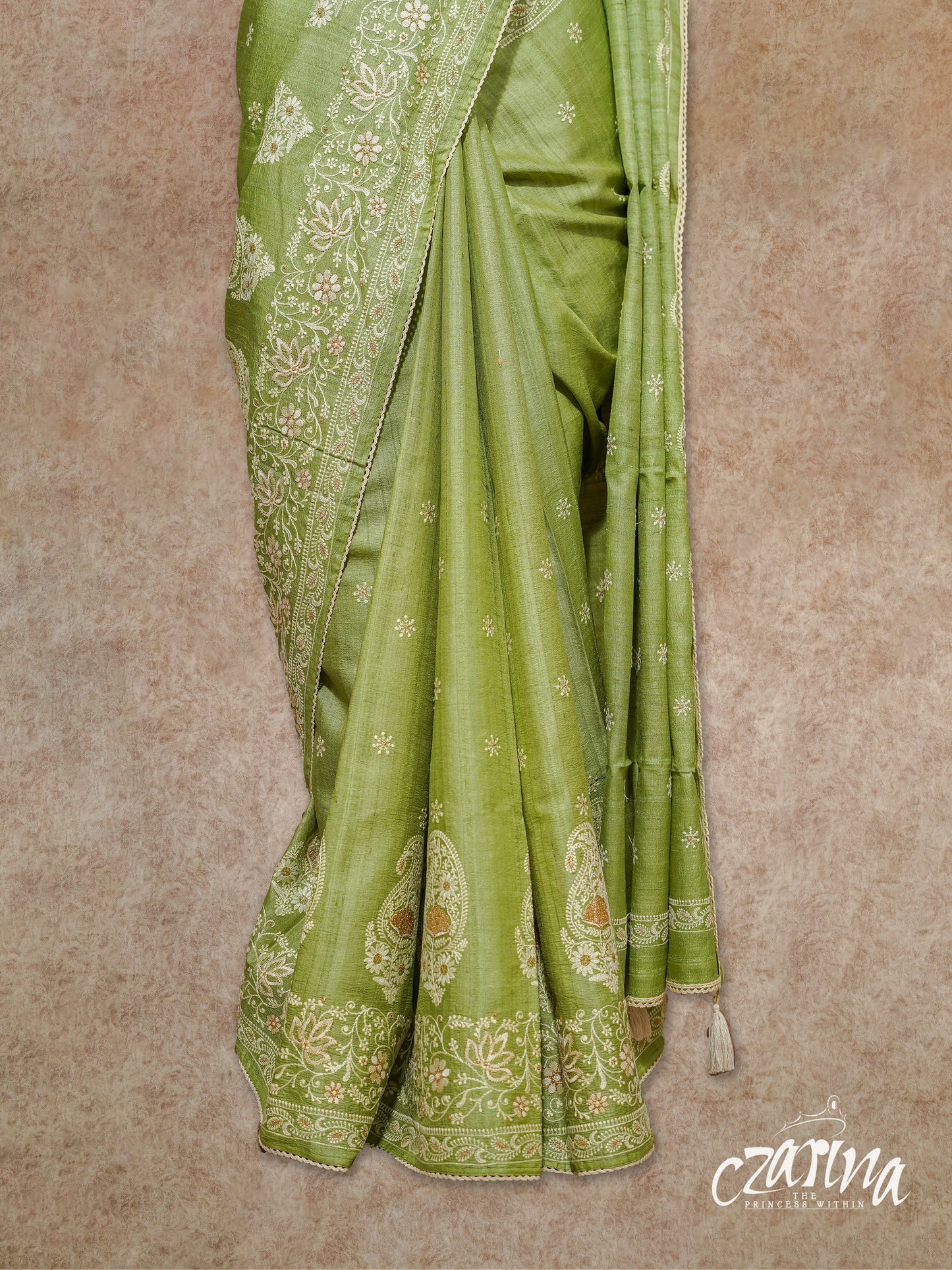 LIME GREEN WITH OFF WHITE THREAD EMBROIDERY TUSSAR SILK SAREE