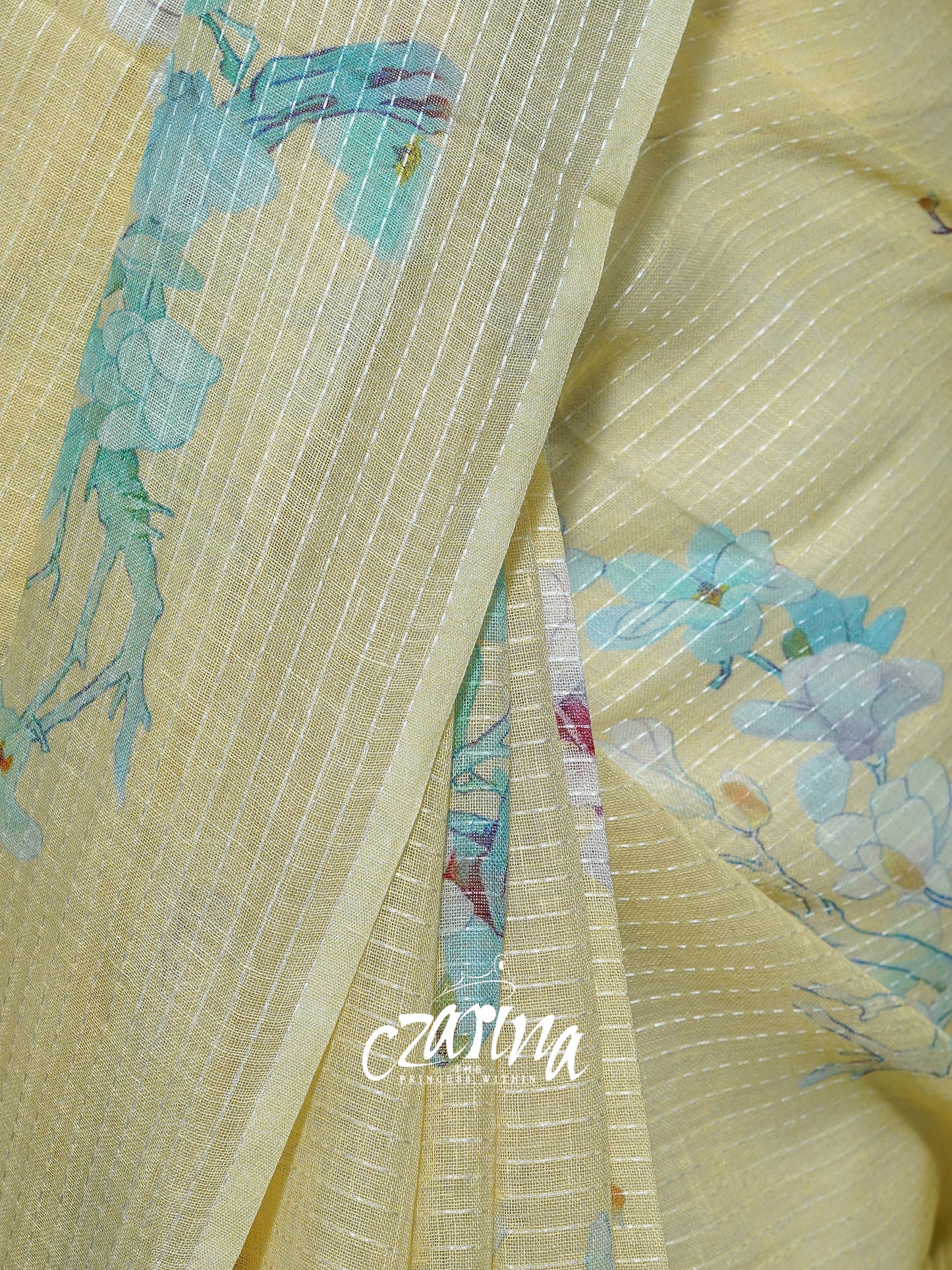 LIGHT YELLOW WITH FLORAL PRINTS IN PASTEL SHADES LINEN SAREE