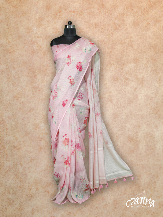 PINK WITH FLORAL PRINTS AND PASTEL SHADES LINEN SAREE