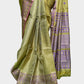 Close-up of Light Olive Green Lightweight With Purple And Gold Threadwork Kanchipuram Saree fabric and drape – Czarina Boutique