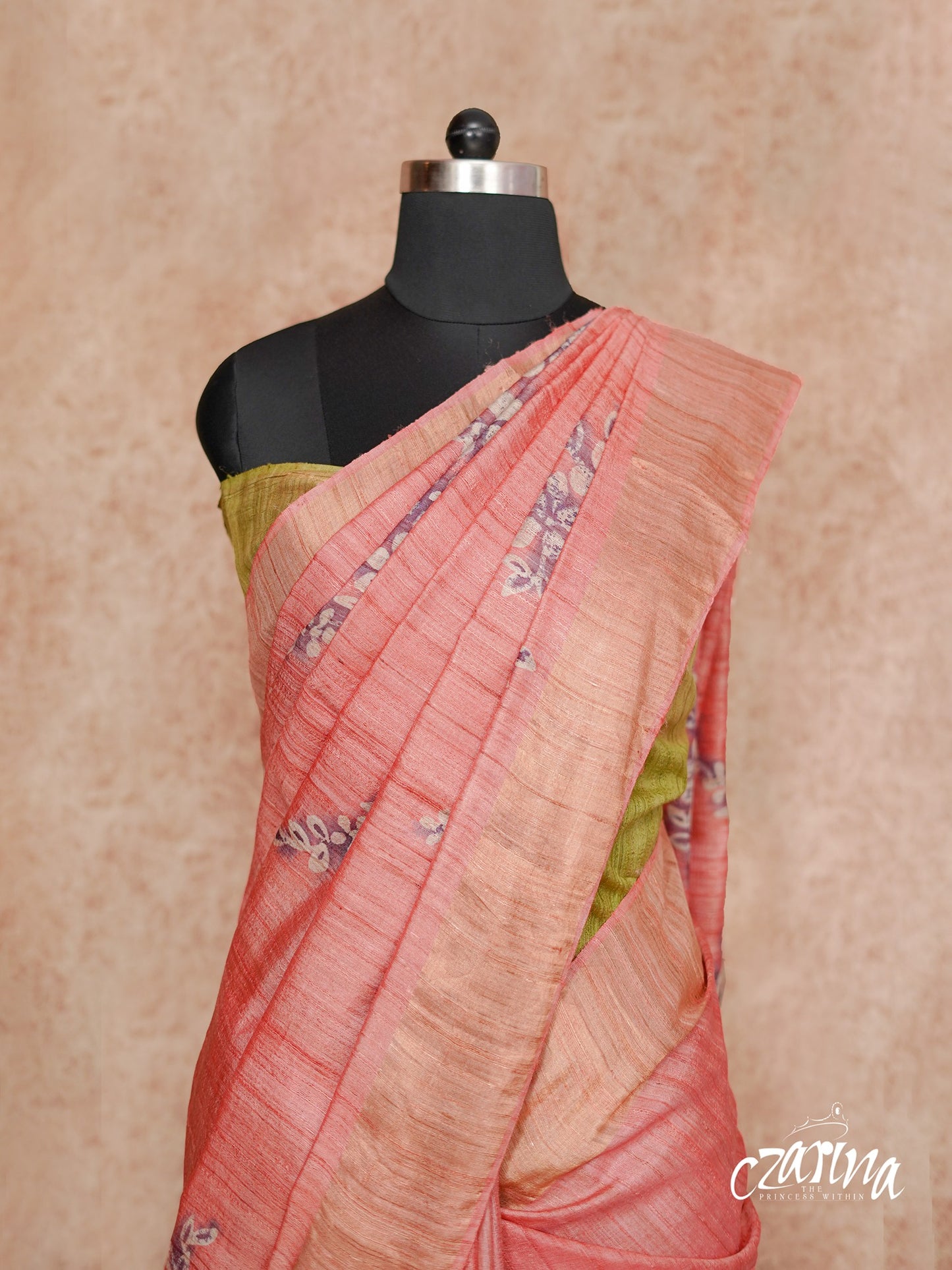 PEACH WITH GOLD BORDER AND GREEN COMBINATION ON PALLU TUSSAR SILK SAREE AND BLOUSE WITH FLORAL PRINTS