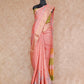 PEACH WITH GOLD BORDER AND GREEN COMBINATION ON PALLU TUSSAR SILK SAREE AND BLOUSE WITH FLORAL PRINTS