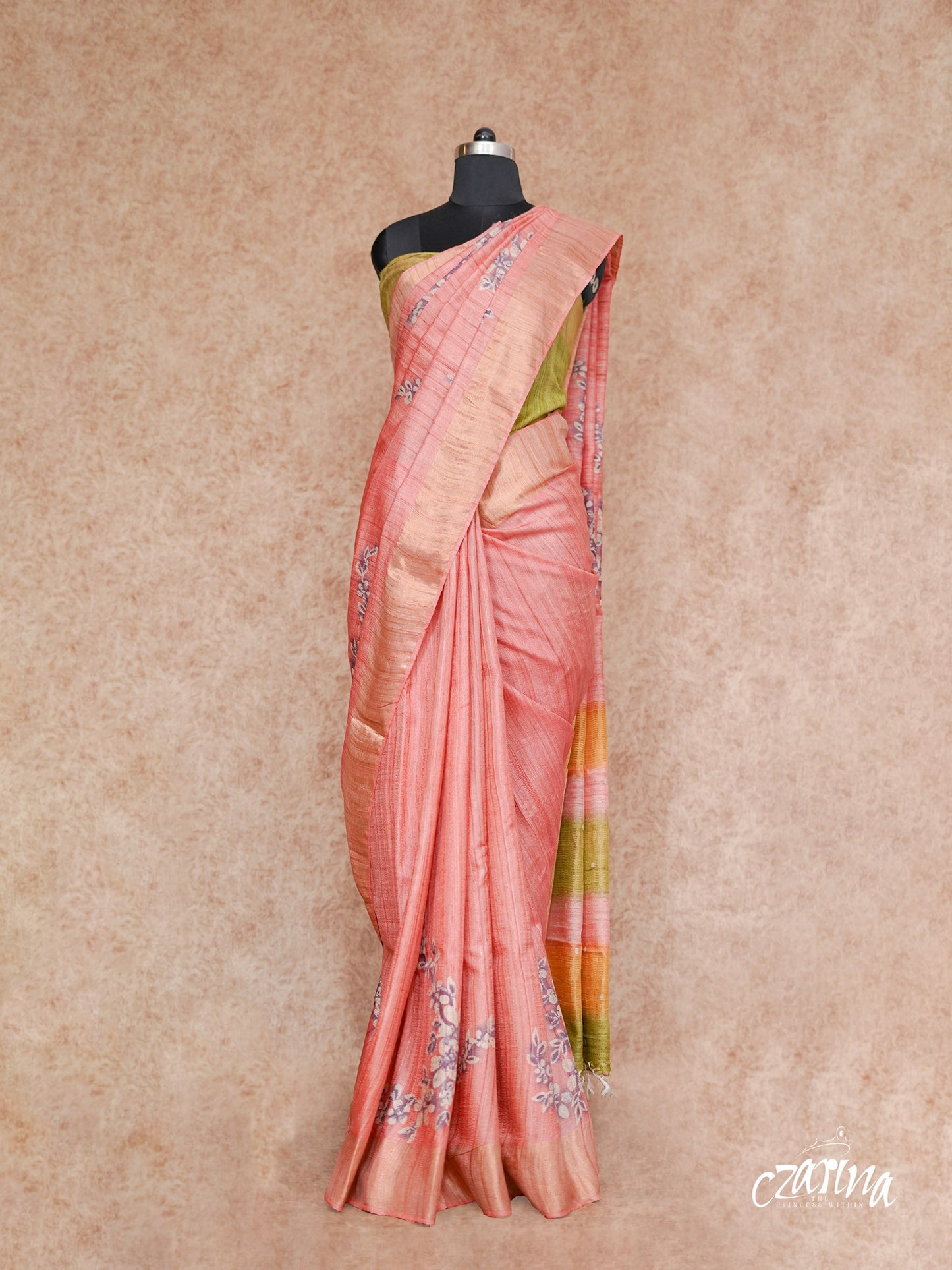 PEACH WITH GOLD BORDER AND GREEN COMBINATION ON PALLU TUSSAR SILK SAREE AND BLOUSE WITH FLORAL PRINTS