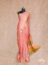 PEACH WITH GOLD BORDER AND GREEN COMBINATION ON PALLU TUSSAR SILK SAREE AND BLOUSE WITH FLORAL PRINTS