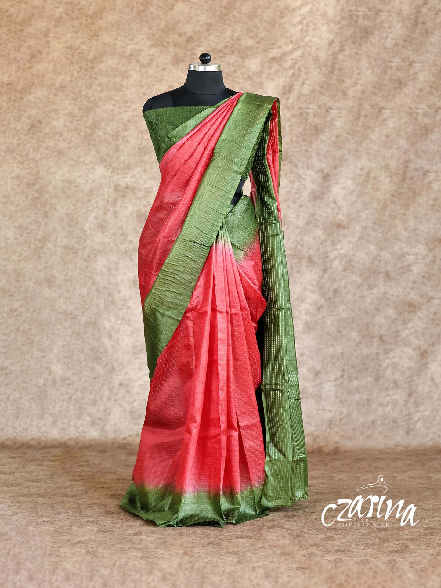 RED AND OLIVE GREEN WITH GOLDEN ZARI DOTS TUSSAR SILK SAREE