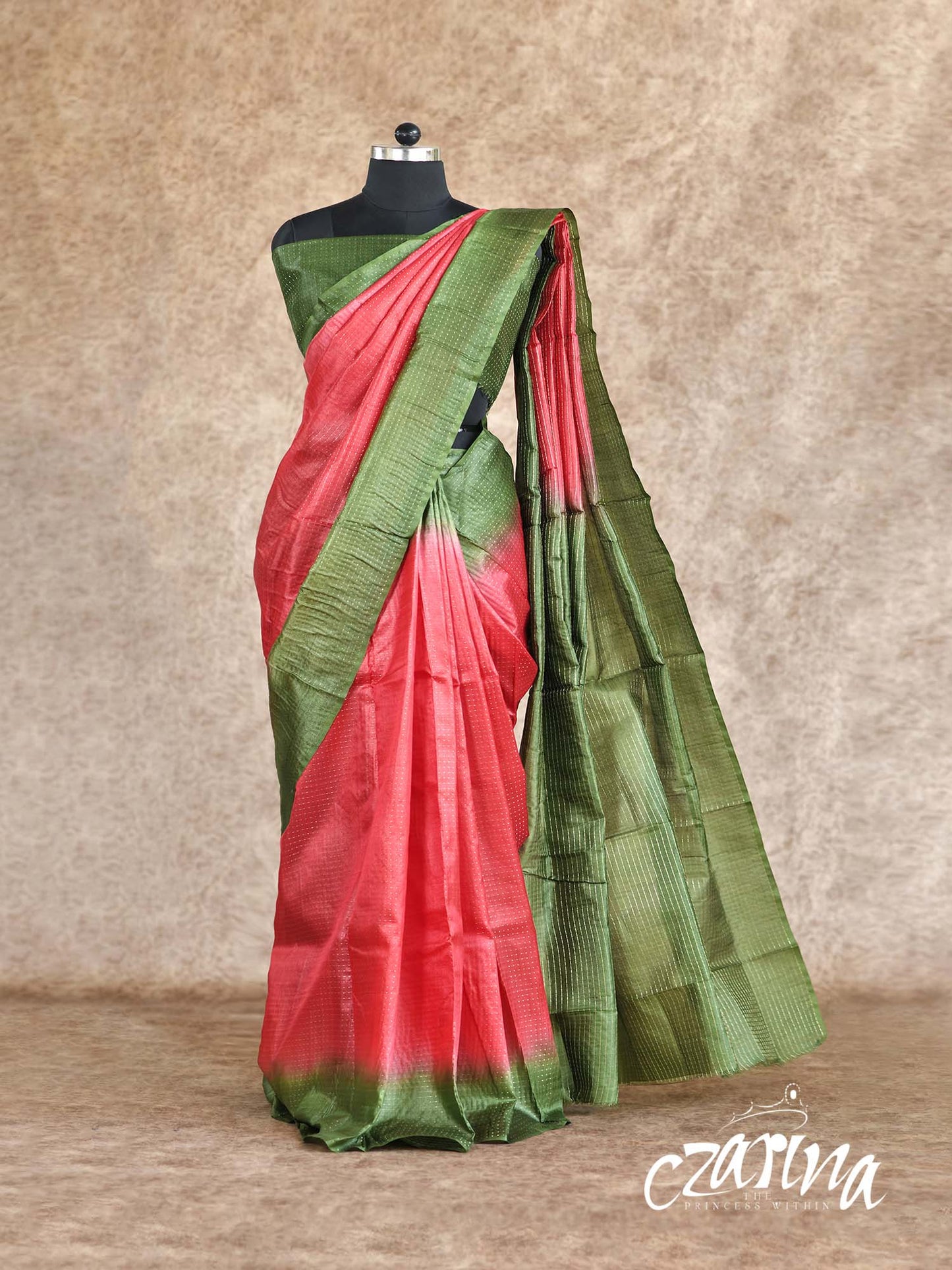 RED AND OLIVE GREEN WITH GOLDEN ZARI DOTS TUSSAR SILK SAREE