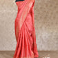 PEACHISH RED WITH STRIKING TEMPLE BORDER GOLDEN ZARI PALLU TUSSAR SILK SAREE