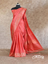 PEACHISH RED WITH STRIKING TEMPLE BORDER GOLDEN ZARI PALLU TUSSAR SILK SAREE