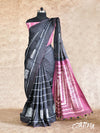 BLACK AND PINK WITH SHIBORI DESIGNS, KANTA EMBROIDERY WORK TUSSAR SILK SAREE