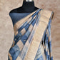 BLUE AND GREY SHADED WITH EMBROIDERY, ZARI BORDER TUSSAR SILK SAREE