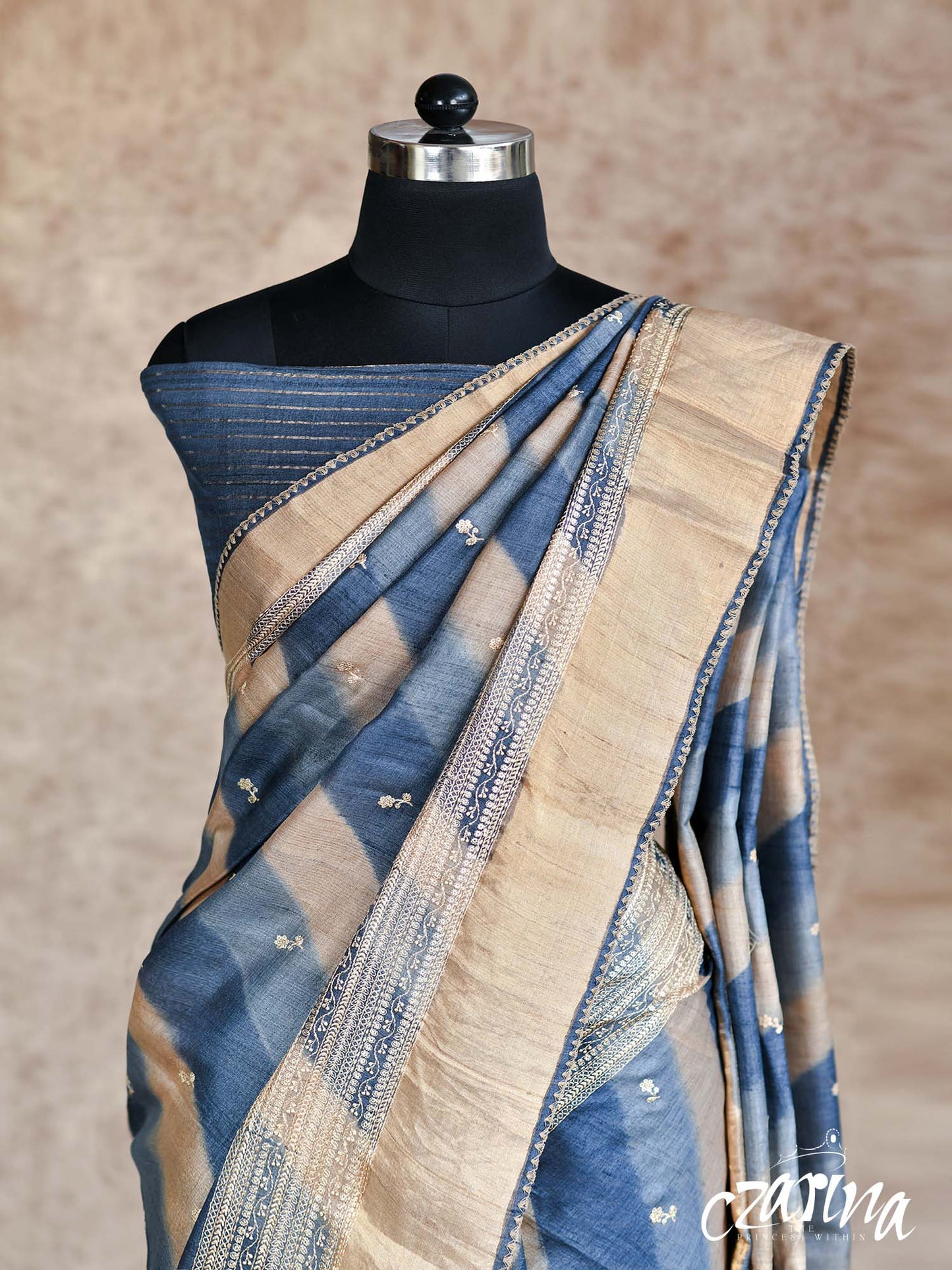 BLUE AND GREY SHADED WITH EMBROIDERY, ZARI BORDER TUSSAR SILK SAREE