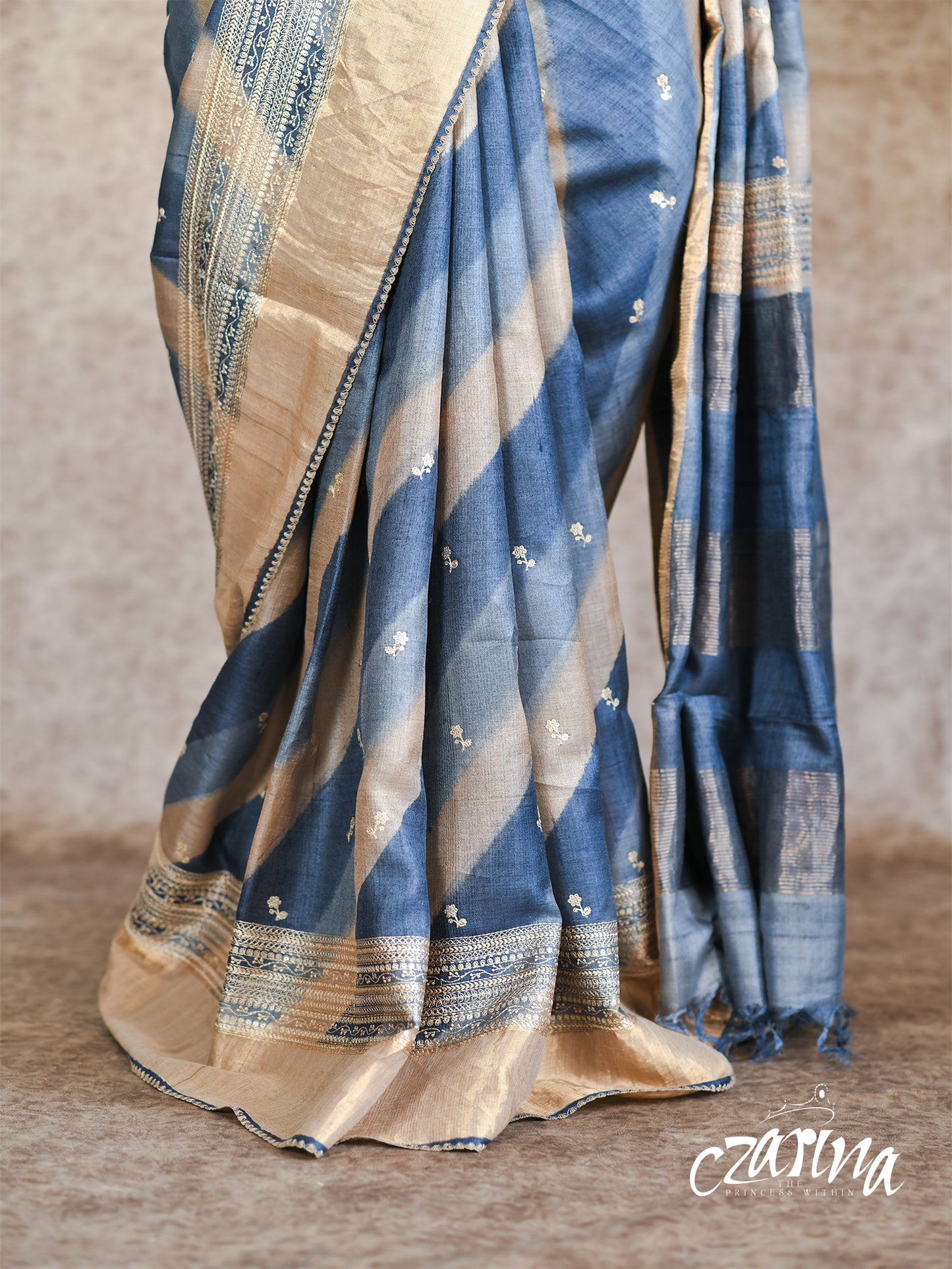 BLUE AND GREY SHADED WITH EMBROIDERY, ZARI BORDER TUSSAR SILK SAREE