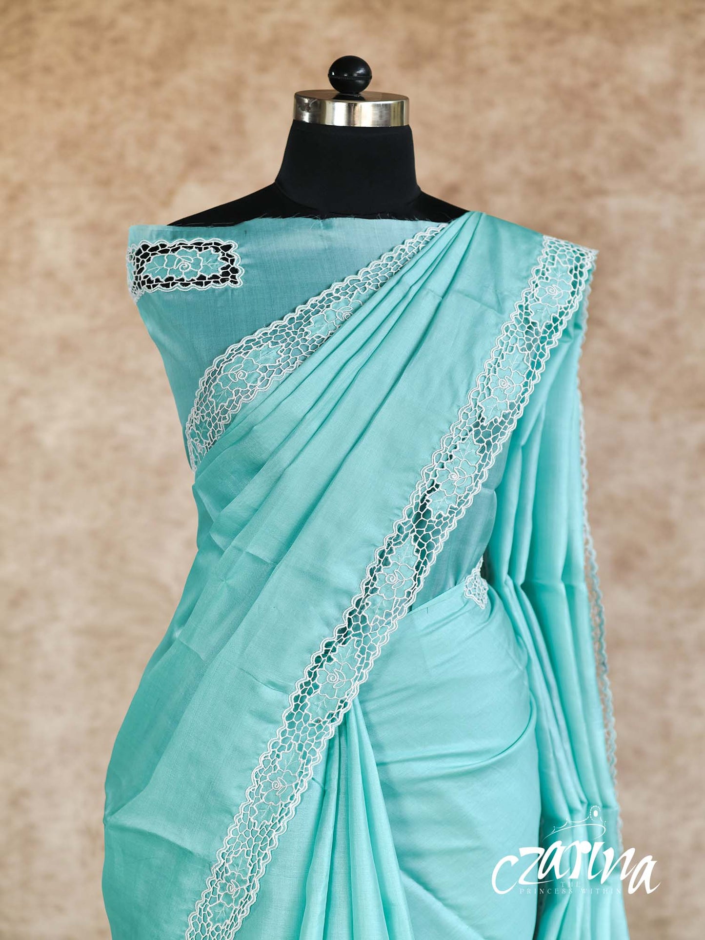 TURQUOISE BLUE WITH TWINE CUT WORK IN WHITE TUSSAR SILK SAREE