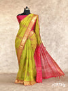 LIME GREEN AND RED COMBO WITH BLOCK PRINT, ZARI BORDER SILK COTTON SAREE