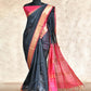 GREY WITH PINK BLOCK PRINT, ZARI BORDER SILK COTTON SAREE