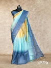 FADED BLEND YELLOW, TURQUOISE, DARK BLUE WITH DARK BLUE ZARI DOTTED ORGANZA SILK SAREE