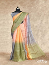 FADED BLEND PEACH PINK OLIVE GREEN, BLUE SHADES WITH BLUE SHADED ZARI DOTTED ORGANZA SILK SAREE