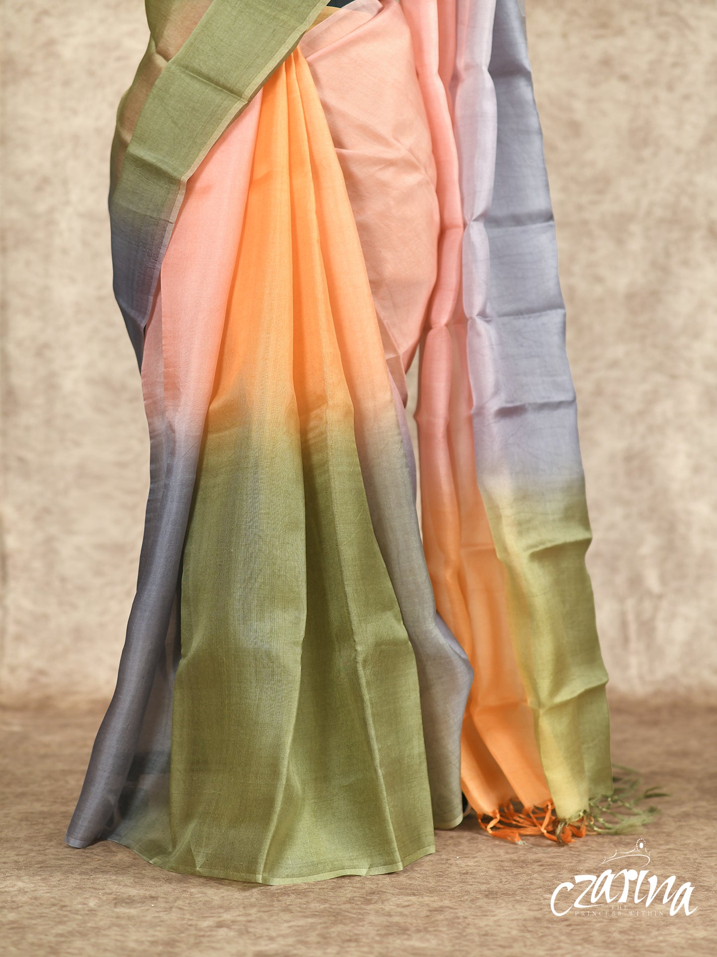 FADED BLEND PEACH PINK OLIVE GREEN, BLUE SHADES WITH BLUE SHADED ZARI DOTTED ORGANZA SILK SAREE