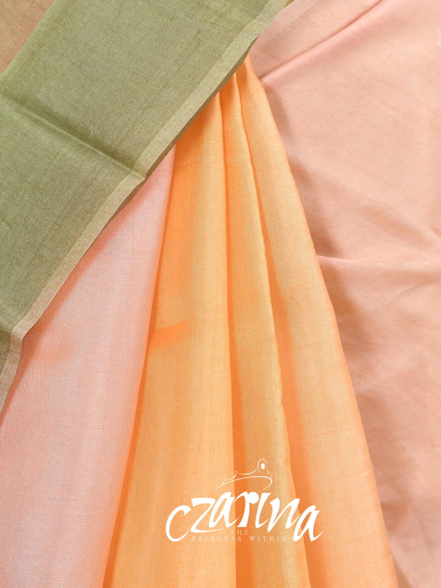FADED BLEND PEACH PINK OLIVE GREEN, BLUE SHADES WITH BLUE SHADED ZARI DOTTED ORGANZA SILK SAREE
