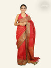 RED WITH HORIZONTAL STRIPES AND RICHLY WOVEN THREAD BORDER KANCHI COTTON SAREE