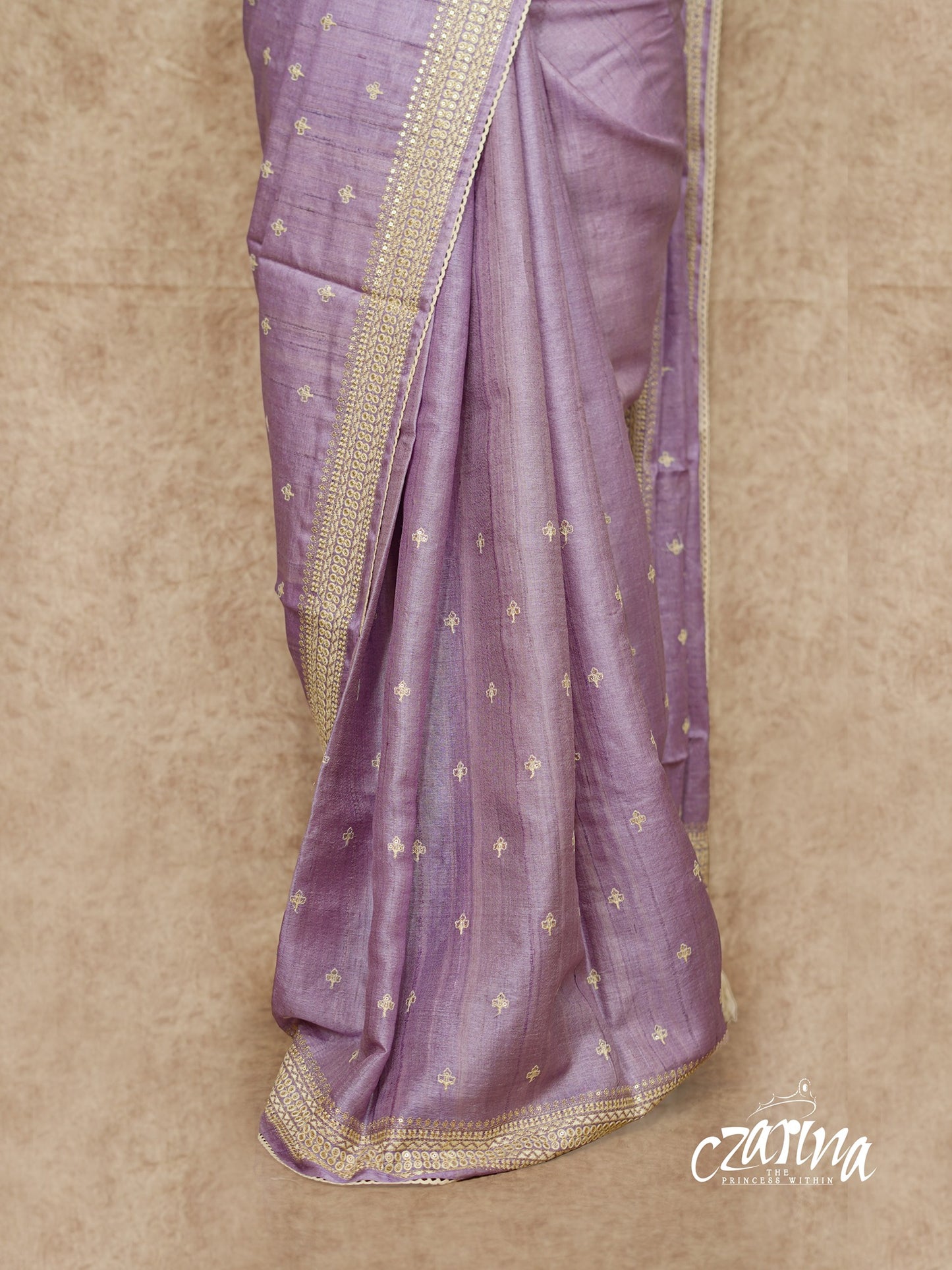 LAVENDER WITH DELICATE THREAD EMBROIDERY ON BORDERS AND ALL OVER THE BODY TUSSAR SILK SAREE