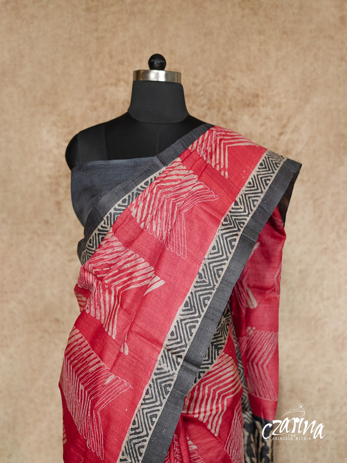 RED AND BLACK PRINTED WITH KANTHA HIGHLIGHTS TUSSAR SILK SAREE