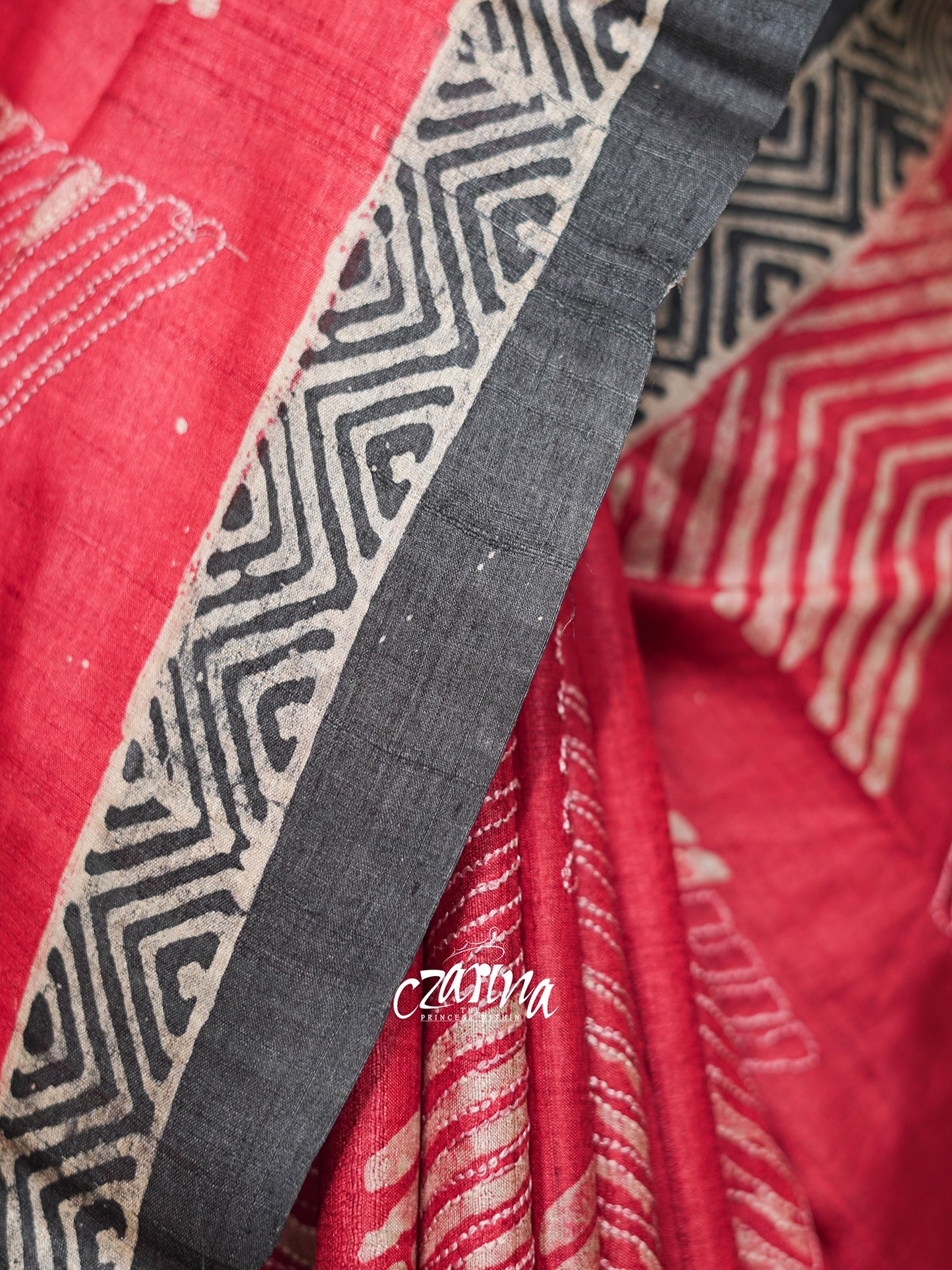 RED AND BLACK PRINTED WITH KANTHA HIGHLIGHTS TUSSAR SILK SAREE