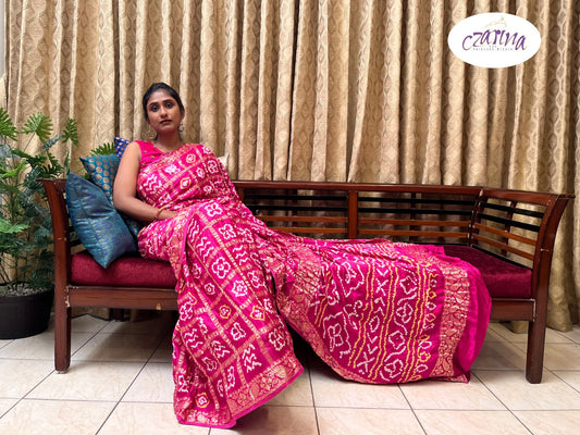 Magenta and Gold Bandhini Gharchola Silk Saree