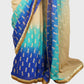 Beige, turquoise, and ink blue shaded pure georgette saree wiith golden embroidery