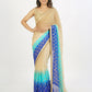 Beige, turquoise, and ink blue shaded pure georgette saree wiith golden embroidery