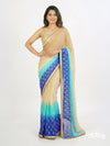 Beige, turquoise, and ink blue shaded pure georgette saree wiith golden embroidery