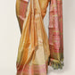 Close-up of Pink And Beige Lightweight With Pink And Gold Threadwork Kanchipuram Saree fabric and drape – Czarina Boutique