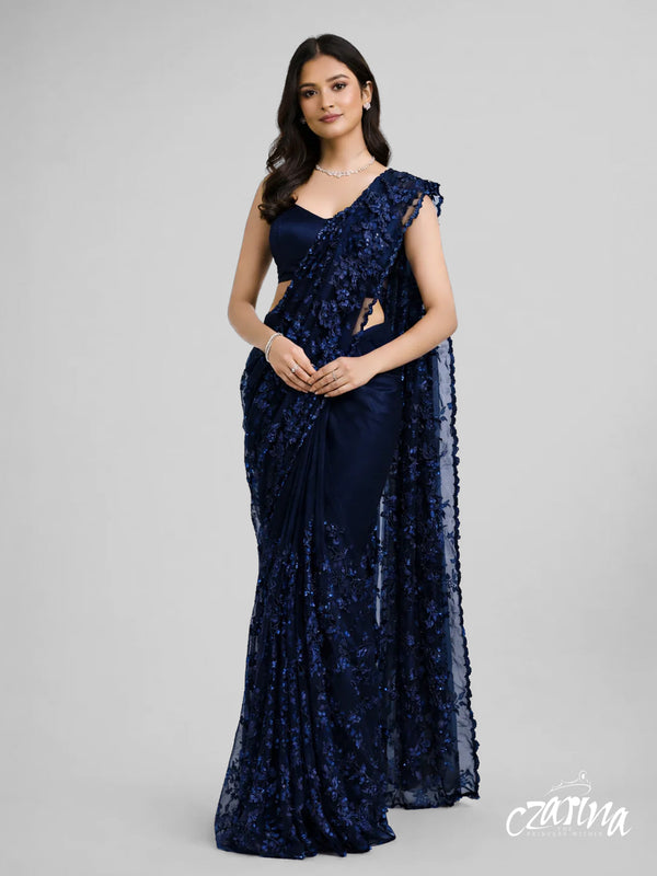 Navy Blue Silk Net Saree with Delicate Embroidery – Czarina Designer Wear Boutique, Trivandrum