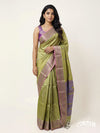 Light Olive Green Lightweight With Purple And Gold Threadwork Kanchipuram Saree – Czarina Designer Wear Boutique, Trivandrum