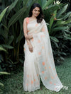 OFF-WHITE SILK ORGANZA SAREE WITH PEACH HAND-PAINTED FLORAL DESIGNS