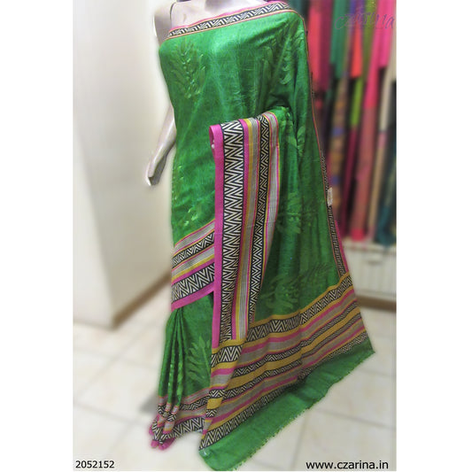 GREEN MAGENTA PRINTED TUSSAR SILK SAREE