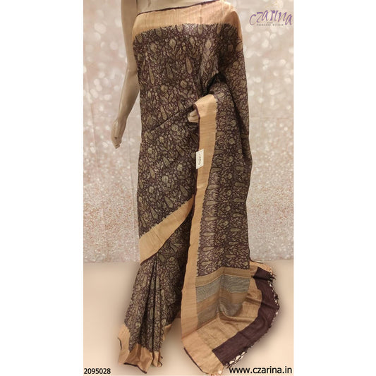 DARK VIOLET GOLDEN ZARI PRINTED TUSSAR SILK SAREE
