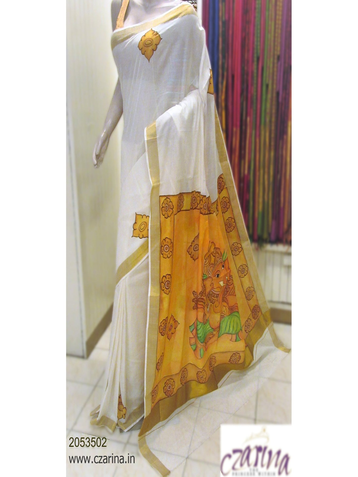 OFF WHITE AND MUSTARD MURAL PAINTED COTTON KERALA SAREE