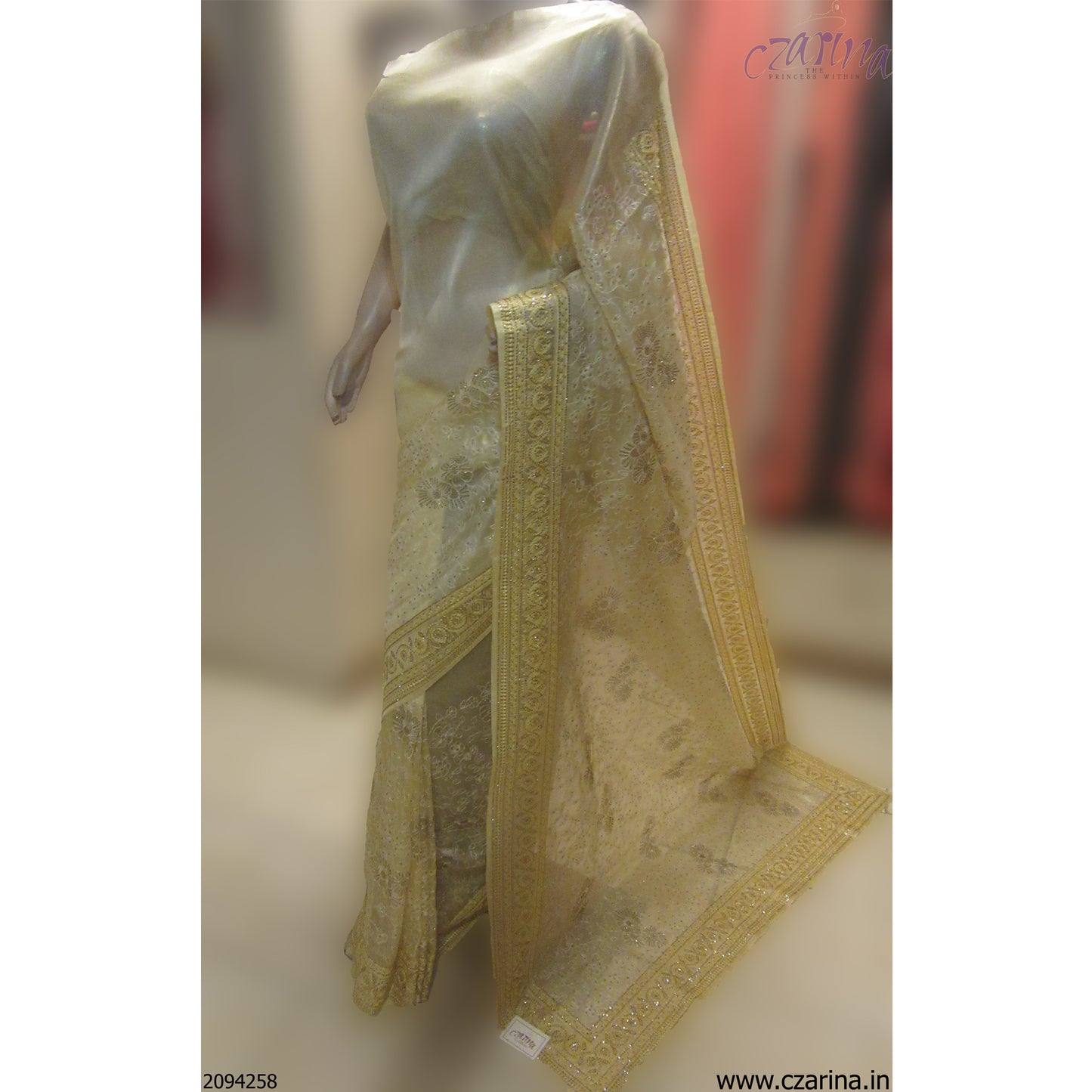 PALE YELLOW EMBROIDERED ORGANZA SAREE
