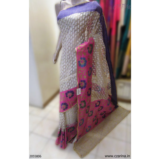OFF WHITE PINK BANARASI JUTE SILK SAREE