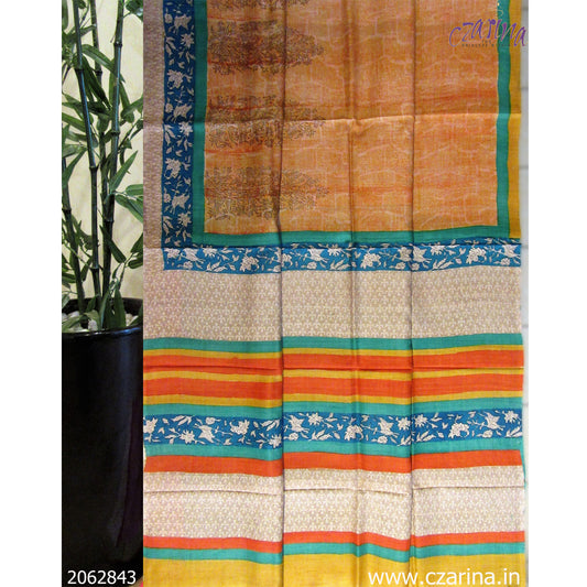 ORANGE BLUE OFF WHITE PRINTED TUSSAR SILK SAREE